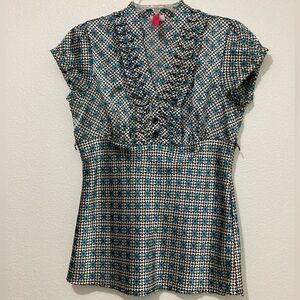 Y2K Women HEART SOUL Blouse Black Gray Turquoise Patterned Shirt Size Small Top